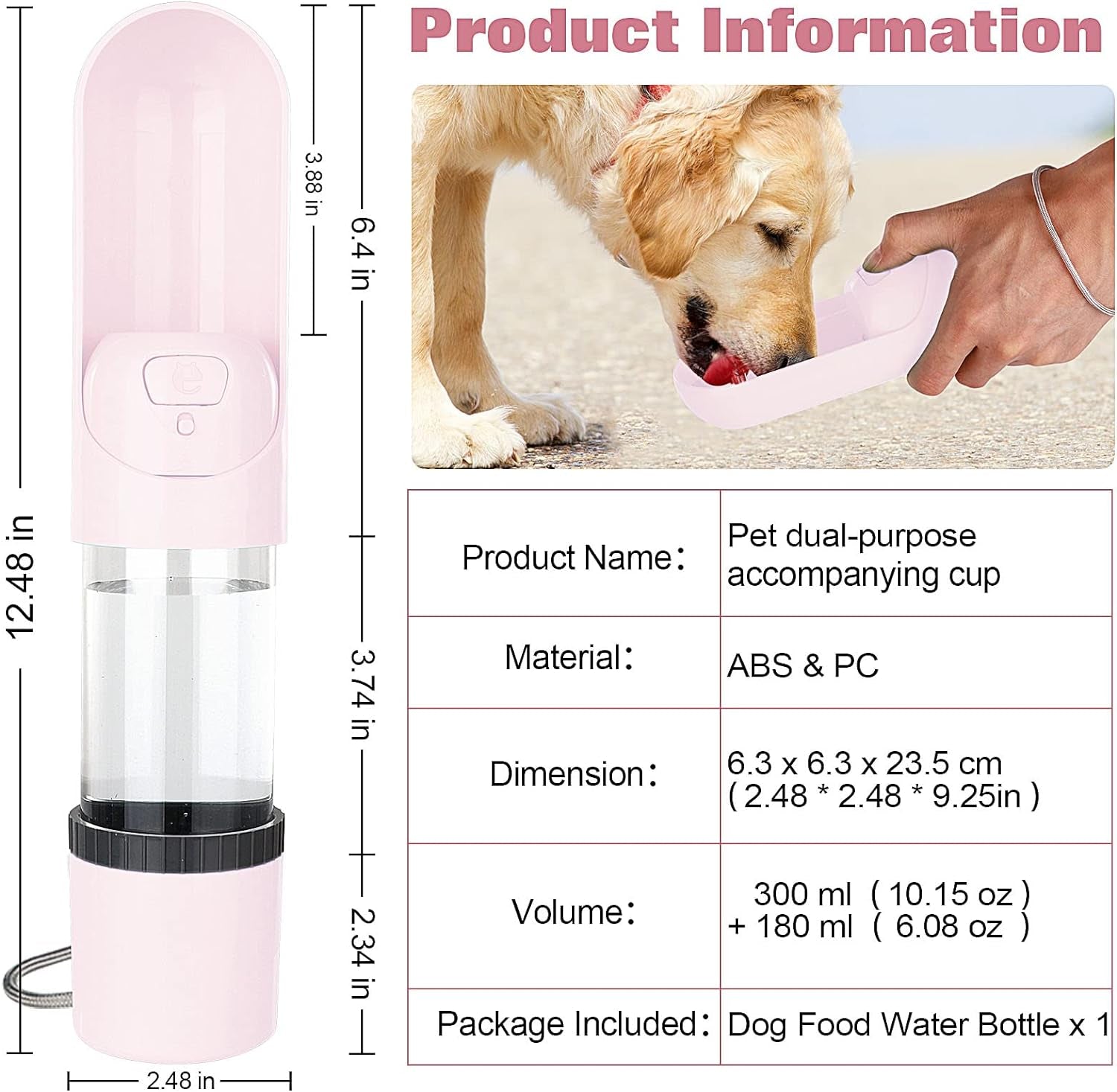 Dog Cat Travel Water Bottle: Portable Leak-Proof Dog Water Dispenser, Suitable for Kitty and Puppy Outdoor Walking, Hiking and Traveling (2 in 1 Pink)