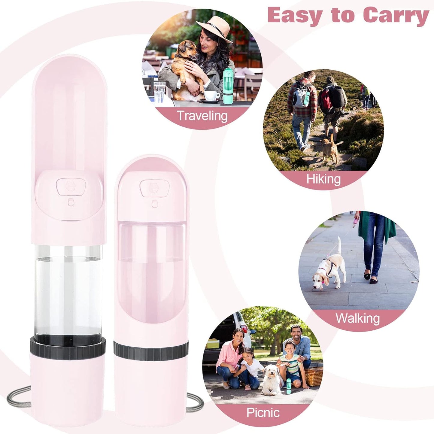 Dog Cat Travel Water Bottle: Portable Leak-Proof Dog Water Dispenser, Suitable for Kitty and Puppy Outdoor Walking, Hiking and Traveling (2 in 1 Pink)