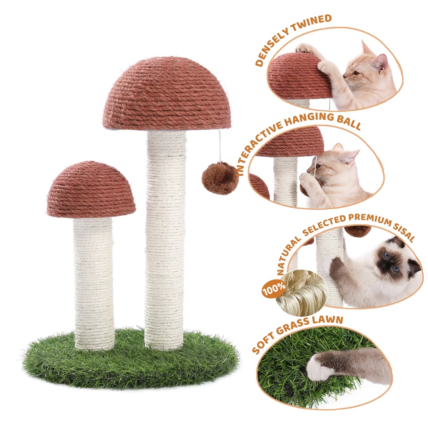 2 Mushrooms Cat Scratching Post 19" Sisal Claw Scratcher for Kittens and Small Cats, Brown