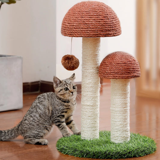2 Mushrooms Cat Scratching Post 19" Sisal Claw Scratcher for Kittens and Small Cats, Brown